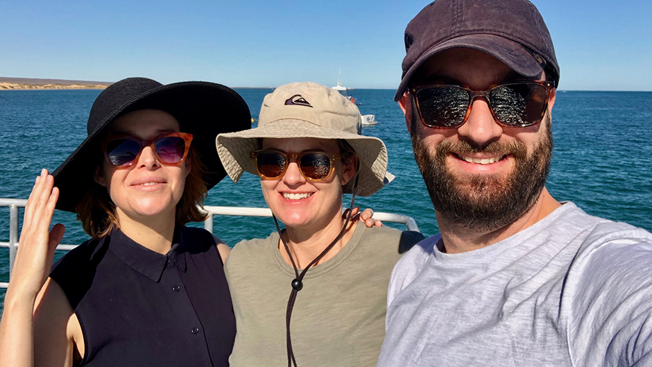Writer Kathryn Lefroy and Directors Miranda Edmonds and Khrob Edmonds taking a selfie on a boat.