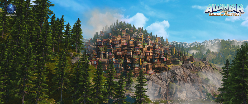 CGI rendering of town built on a mountain in the middle of a forest.