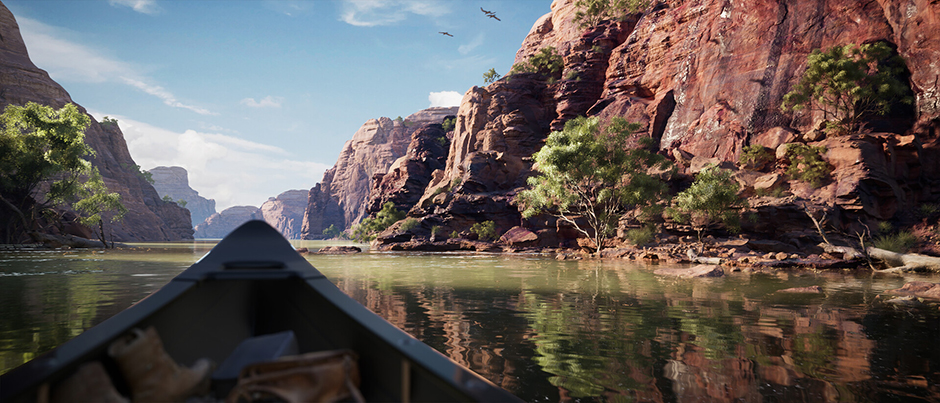 Realistic CGI rendering of a canoe floating down a river through a rugged gorge.