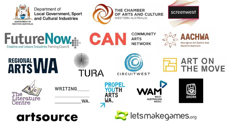 COVID-19 Survey Partner logos including: Department of Local Government, Sport and Cultural Industries; The Chamber of Arts and Culture Western Australia; Screenwest; Future Now Creative and Leisure Industries Training Council; Community Arts Network; Aboriginal Art Centre Hub Western Australia; Regional Arts WA; Tura; Circuit West; Art On The Move; The Literature Centre; Writing WA; Propel Youth Arts WA; West Australian Music; DADAA (Disability and Disadvantage in the Arts Australia); Artsource; and Let's Make Games.