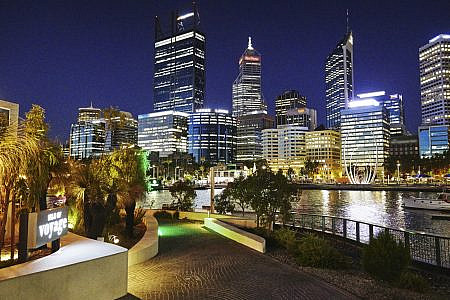 Buildings in City of Perth skyline lit up at night